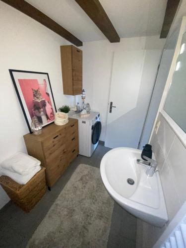 a bathroom with a sink and a washing machine at Ferienwohnung Altstadt Frankenstraße in Stralsund