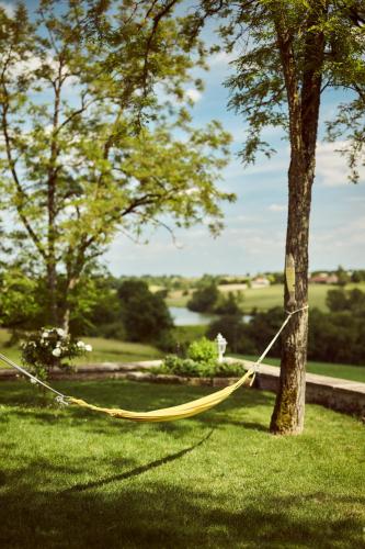 a yellow hose tied to a tree in a yard at La Ferme de Jeanne in Francescas