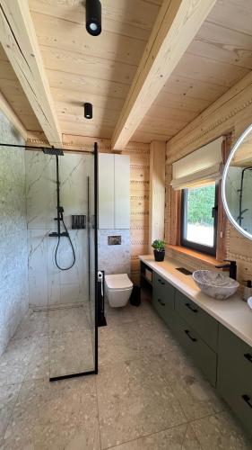 a bathroom with a shower and a toilet and a sink at Domki Na Wspólnej in Wisła