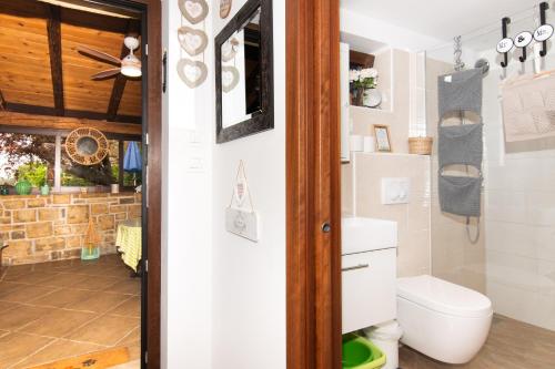 a bathroom with a toilet and a window at Green cottage Baredi, Izola, Slovenia in Izola