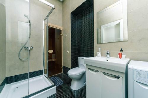a bathroom with a sink and a toilet and a shower at Крещатик 21 с большой терассой in Kyiv