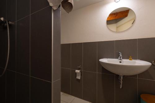 a bathroom with a sink and a mirror at Maison de campagne au calme in Roynac