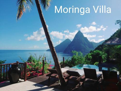 un complejo con vistas al océano y a las montañas en Moringa Villa Honeymoon Suite, en Mamin