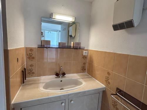une salle de bain avec un lavabo et un miroir dans l'établissement Pavillon à Argelès-sur-Mer - 4 Pers., Terrasse, Parking, à 10 min de la Plage - FR-1-732-106, à Argelès-sur-Mer