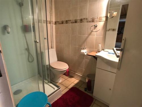 une salle de bain avec une douche, des toilettes et un lavabo dans l'établissement Charmant pavillon à Port Leucate, 4 pers., plage et commerces à proximité, parking privé - FR-1-81-138, à Port-Leucate