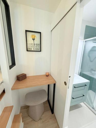 La petite salle de bains est pourvue d'un bureau et d'une douche. dans l'établissement Cosy Sully - T1 - Place Verdun, à Pau