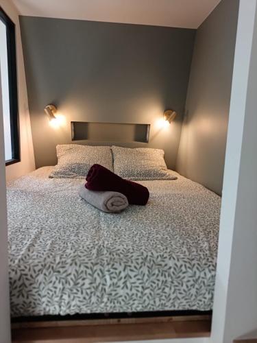 une chambre avec un lit avec un chapeau dessus dans l'établissement Cosy Sully - T1 - Place Verdun, à Pau