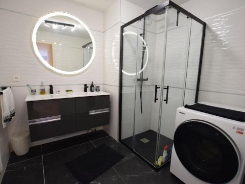 une salle de bain avec une douche, un lavabo et un miroir dans l'établissement Spacieux appartement 4 pers avec balcon, wifi et animaux admis - FR-1-498-101, à Évian-les-Bains