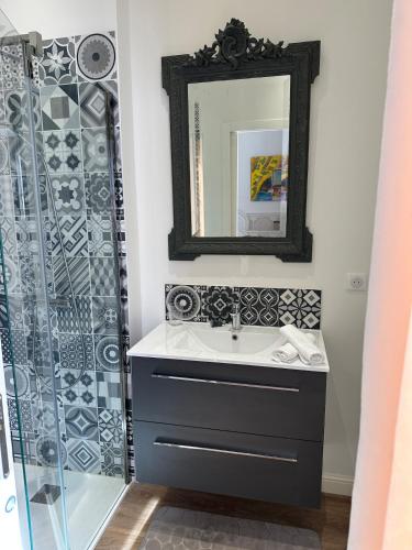 une salle de bain avec un lavabo et un miroir dans l'établissement Le 108 Appartement, à Nogent-le-Rotrou