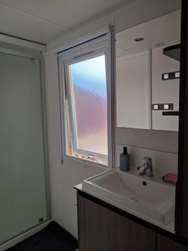 une salle de bain avec un lavabo et une fenêtre dans l'établissement Camping DEL MAR 4 Étoiles à ARGELÈS SUR MER Mobil-Home Cosy en 3Ch au calme, à Argelès-sur-Mer