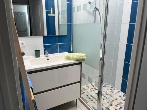 une salle de bain avec un lavabo blanc et une douche dans l'établissement Maison mitoyenne à Barbâtre, proche plage, 4 personnes, Wi-Fi, jardin clos - FR-1-823-92, à Barbâtre