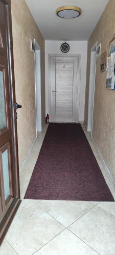an empty hallway with a door and a red carpet at Sea and Sunshine in Tivat
