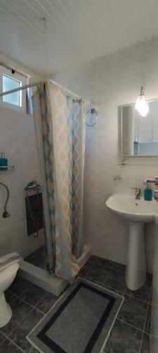 a bathroom with a shower curtain and a sink at Despoina Apartments in Keratokampos