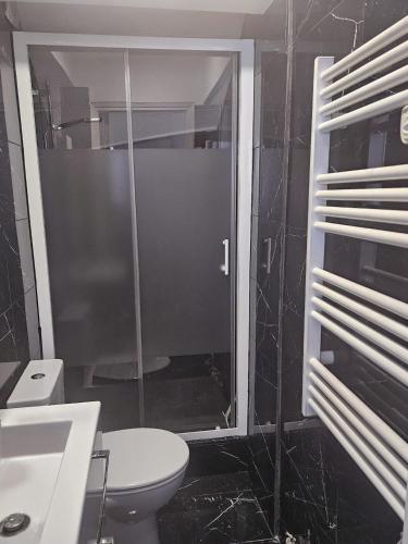 une salle de bain avec une douche avec des toilettes et un lavabo dans l'établissement Golfe Juan Studio Port Camille Rayon Piadon, à Vallauris