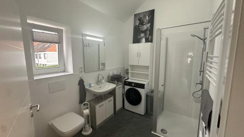 a bathroom with a sink and a toilet and a shower at Loft9 Architektenwohnung mit Dachterrasse Zentral in Lübeck