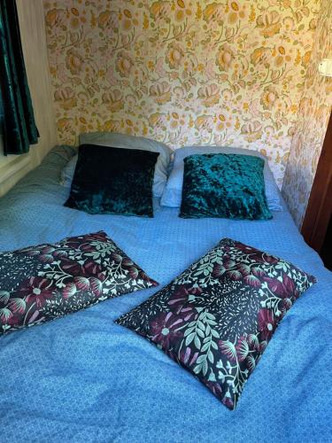 un lit avec deux oreillers dessus dans l'établissement Roulotte avec Spa, à La Capelle-Bleys