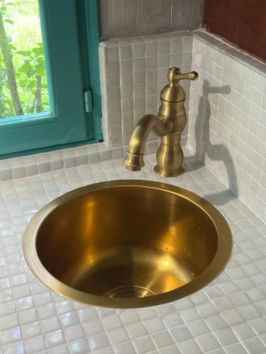 un évier en or dans une cuisine avec une fenêtre dans l'établissement Roulotte avec Spa, à La Capelle-Bleys