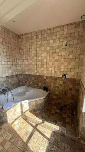 a bath tub in a bathroom with a tile wall at Manoir Des Douets Fleuris in Cancale