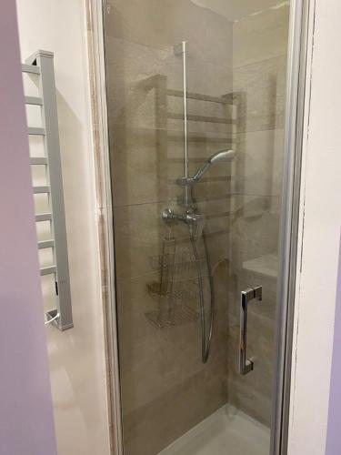 une douche avec une porte vitrée dans une salle de bain dans l'établissement L'Olivière, à Fouras