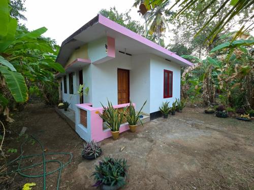 a white and pink house with plants in front of it at La ixora in Varkala