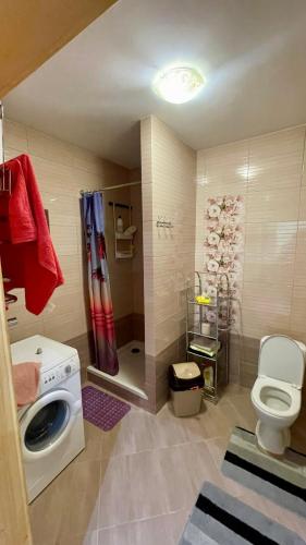 a bathroom with a washing machine and a shower at Elizabeth in Mykulychyn
