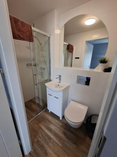 a bathroom with a toilet and a sink and a shower at Willa Morski Klimat in Łeba