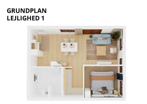a rendering of a small apartment with a floor plan at Svalereden Strand Camping Apartments in Frederikshavn
