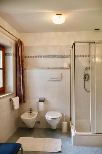 a bathroom with a toilet and a sink and a shower at Oberortsgut in Tirolo