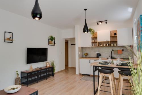 a kitchen and living room with white cabinets at Vila Dara in Vrnjačka Banja