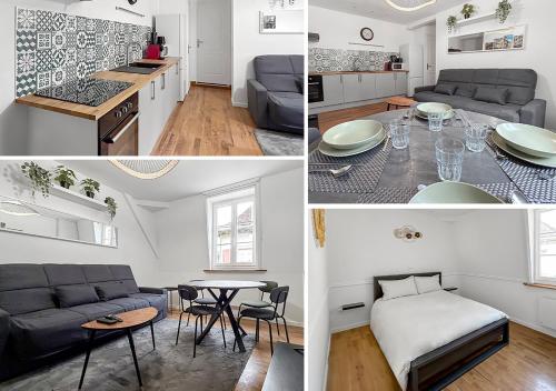 Il dispose d'une cuisine et d'un salon avec un canapé et une table. dans l'établissement Séjour chic et cosy au centre-ville, à Troyes