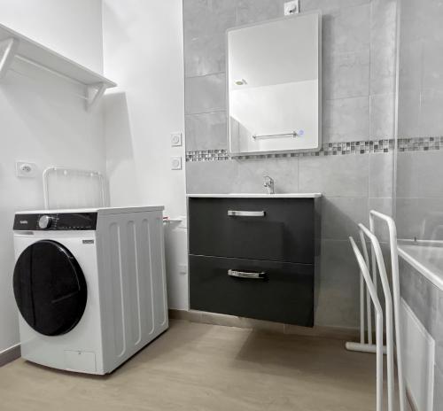 une salle de bains avec lave-linge et lavabo dans l'établissement Calme et confort au cœur du vieux Troyes, à Troyes