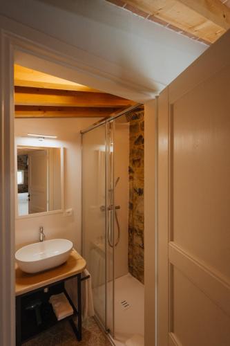 a bathroom with a sink and a shower at Podere la Piscina RestArt in San Casciano dei Bagni