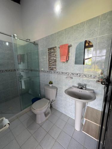 a bathroom with a toilet and a shower and a sink at Finca Las Palmas San Gil in San Gil