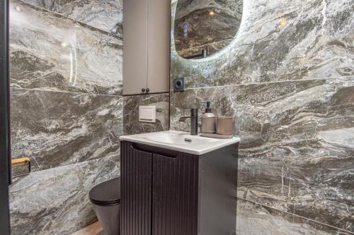une salle de bain avec un lavabo et un miroir dans l'établissement 5mn Monaco - Coquet studio avec coin nuit - DQ, à Beausoleil
