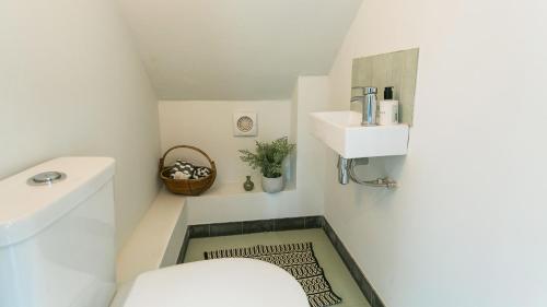 a bathroom with a toilet and a sink at Bwthyn Ysgubor in Conwy
