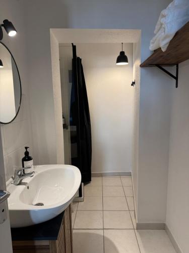 une salle de bain avec un lavabo blanc et une douche dans l'établissement Appartement - Albi Cathédrale, à Albi