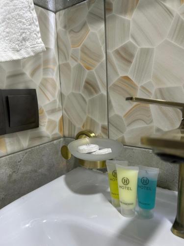 baño con lavabo y 2 tazas en una encimera en Shine Hill შაინ ჰილი, en Tsinsvla