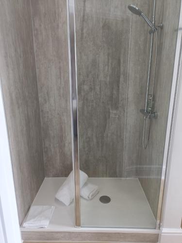 a shower with a glass door with a toilet at The Beach Hotel in Minehead