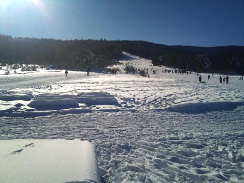 a group of people walking in the snow at Family Hotel Eterno in Tsigov Chark