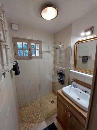 une salle de bain avec un lavabo et une douche dans l'établissement Lou Cabanoun Dei Pardigaou, à Cotignac