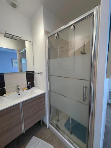 une salle de bain avec douche et lavabo dans l'établissement Maison familiale avec piscine à Juvignac, 90 m², 6 pers., à Juvignac