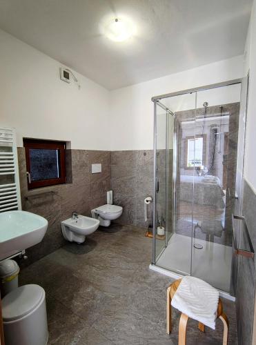 a bathroom with a shower and a sink and a toilet at Hotel Da Marco in Vigo di Cadore