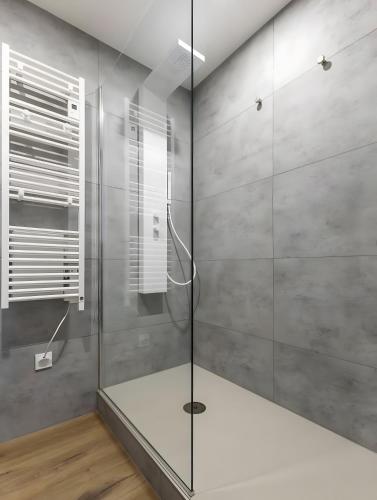 une douche avec une porte vitrée dans une salle de bain dans l'établissement Château De Saint Mayeul, à Joze