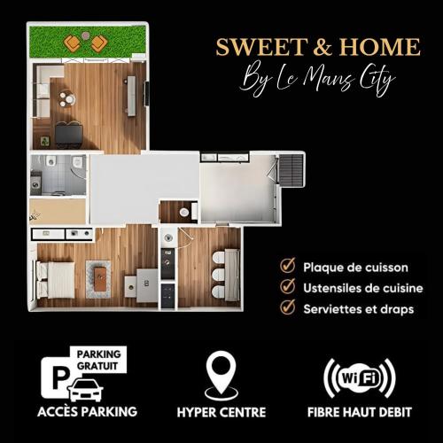 un plan d'étage d'un petit appartement avec une pièce dans l'établissement Sweet & Home - Centre-ville & Proche Circuit des 24H - Climatisé - Parking - by Le Mans City, au Mans