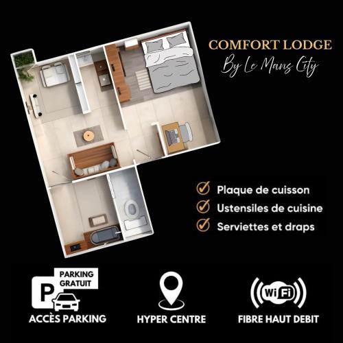 un petit appartement avec un plan de sol dans l'établissement Le Comfort Lodge, au Mans