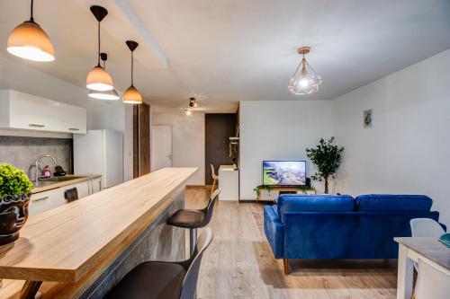 Il comprend une cuisine et un salon doté d'un canapé bleu. dans l'établissement Le Rêve Bleu - Joli T3 lumineux avec balcon & parking gratuit - Centre Toulouse, à Toulouse