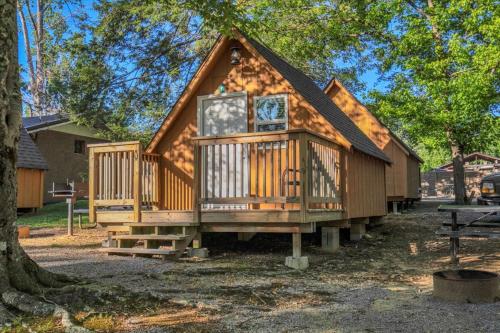 a cabin in the woods with a tree at Cozy Cabin Near Dollywood in Pigeon Forge