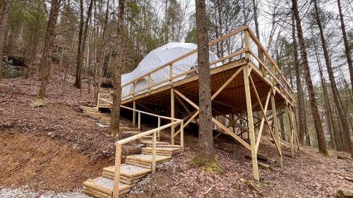 ein Holzhaus mitten im Wald in der Unterkunft "The Perch" Elevated Woodsy Modern Stay w/ Hot Tub in High Falls