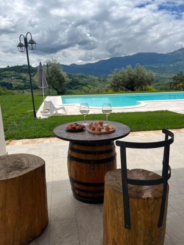 a table with wine glasses and food on it next to a pool at agriturismo borgo del ginepro in Castiglione Messer Raimondo