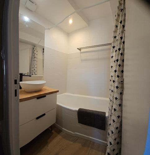 une salle de bain avec un lavabo et une baignoire dans l'établissement Iris, 4 personnes, centre pieton Ecusson, Tram, 3ème étage sans ascenseur, à Montpellier